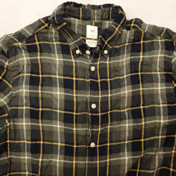H&M LOGG Tartan Flannel Casual Button Up Shirt Mens Size Large L Green Yellow - Picture 1 of 10